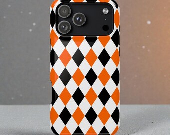 Modern Geometric iPhone Case – Black White Orange Diamond Pattern,  Tough Dual Layer, MagSafe Compatible