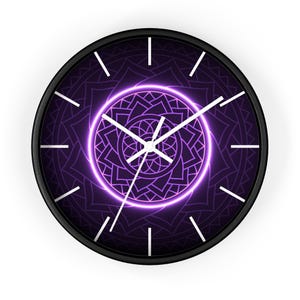 Neon Purple Mandala Wall Clock, Sacred Geometry Spiritual Decor, Silent Non Ticking Modern Wall Art, Yoga Meditation Gift image 4