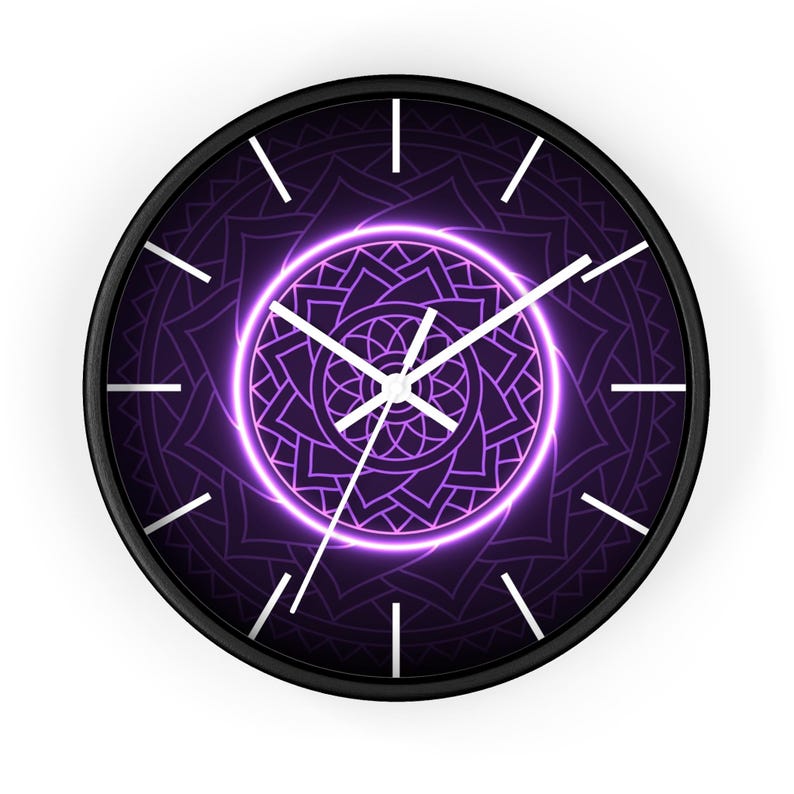 Neon Purple Mandala Wall Clock, Sacred Geometry Spiritual Decor, Silent Non Ticking Modern Wall Art, Yoga Meditation Gift image 4