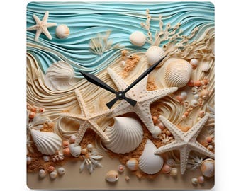 Acrylic Wall Clock,  coastal wall art, ocean theme clock, beach wall clock, starfish clock, sea life decor, beach house decor Christmas gift