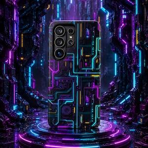 May include: A black smartphone case featuring a neon circuit board design in blue, purple, and yellow. The case, with multiple camera lenses, is displayed on a glowing platform with a futuristic backdrop.