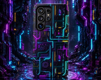 Cyberpunk Circuit Phone Case for Samsung Galaxy S26 S25 S24 Ultra Plus, Dual Layer Tough Protective Cover, Neon Tech Gamer Gift