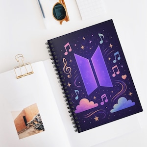 Galaxy Bullet notebook | Music Notes & Purple Clouds | Kpop-Inspired Gift, Spiral Notebook - Ruled Line, school notebook, kpop fan art, 6x8&#39;