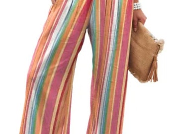 Multicolor Striped Smocked High Waist Wide Leg Pants