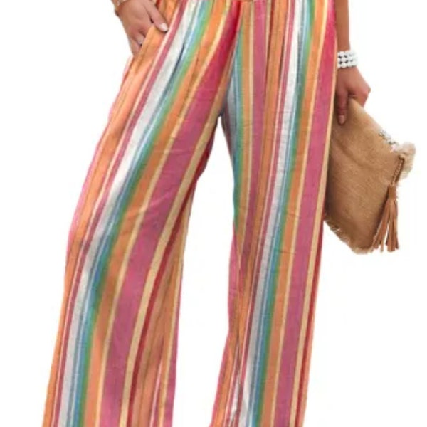 Multicolor Striped Smocked High Waist Wide Leg Pants