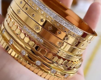 Brazaletes de oro, brazaletes chapados en oro de 18K, brazaletes llenos de oro, brazaletes apilables simples, regalo para ella