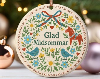 Glad Midsommar Ornament Swedish Folk Art Decoration Scandinavian Dala Horse Summer Wreath Floral Nordic Heritage Holiday Decor