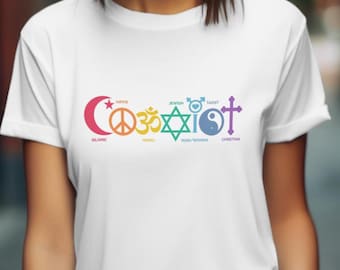 Camiseta "Coexist" con símbolos religiosos, símbolo de la paz, regalo para la armonía espiritual interreligiosa, ropa cristiana, musulmana, judía y budista.