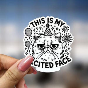 May include: A white sticker with a black and white illustration of a cat wearing a party hat. The cat has a grumpy expression. The text "This is my excited face" is written around the cat.