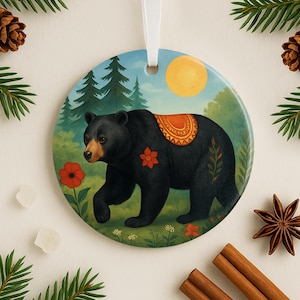 Whimsical Bear Ornament Folk Art Woodland Decor Gift for Nature Lover Rustic Forest Animal Ornament Boho Floral Christmas Tree Gift