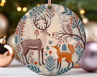 Nordic Woodland Animals Ornament Scandinavian Winter Forest Deer Fox Owl Scene Holiday Gift Ceramic Tree Decor in Swedish Folk Style