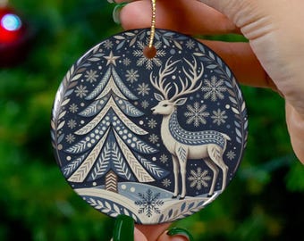 Nordic Reindeer Christmas Ornament Scandinavian Winter Snowflake Tree Decor Gift for Holiday Lover Folk Art Woodland Ceramic Keepsake