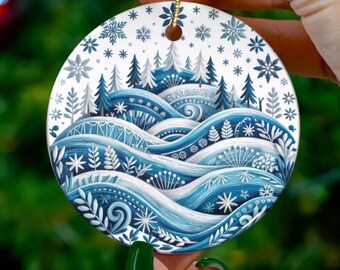 Winter Snowflake Ornament Blue Nordic Landscape Christmas Tree Decoration Gift for Nature Lover Snowy Forest Holiday Ceramic Ornament
