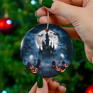 Haunted House Ornament Gift for Halloween Lover Spooky Ghost Pumpkin Ceramic Decoration Present for Her Him Gothic Moon Night Scene