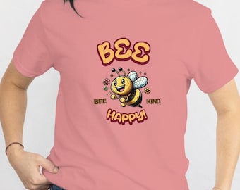 Bee Kind Bee Happy Shirt Cute Bee Graphic Tee Gift for Bee Lover Positive Message T-Shirt Uplifting Cartoon Insect Pun Top