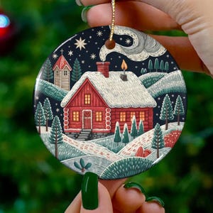 Nordic Cabin Christmas Ornament Scandinavian Winter Scene Tree Decoration Cozy Red Cottage Folk Art Ceramic Holiday Forest Village Tile