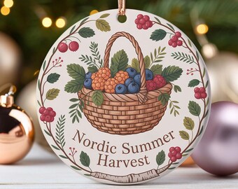 Nordic Summer Harvest Ornament Scandinavian Folk Art Berry Basket Decoration Cloudberry Blueberry Lingonberry Rustic Kitchen Style