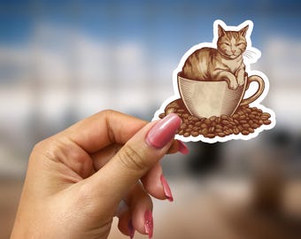 Coffee Cat Sticker Cute Vintage Coffee Lover Kiss-Cut Vinyl Decal Sleepy Cat in Coffee Cup Aesthetic Laptop Water Bottle Sticker Gift
