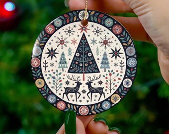 Scandinavian Christmas Ornament Nordic Tree and Reindeer Decor Folk Art Holiday Keepsake Winter Forest Ornament Nature Lover Gift