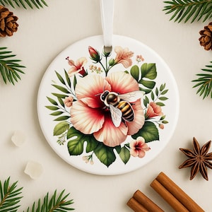 Bee Floral Ornament Gift for Gardener Nature Lover Christmas Tree Decoration Botanical Honeybee Decor Garden Themed Holiday Hanging