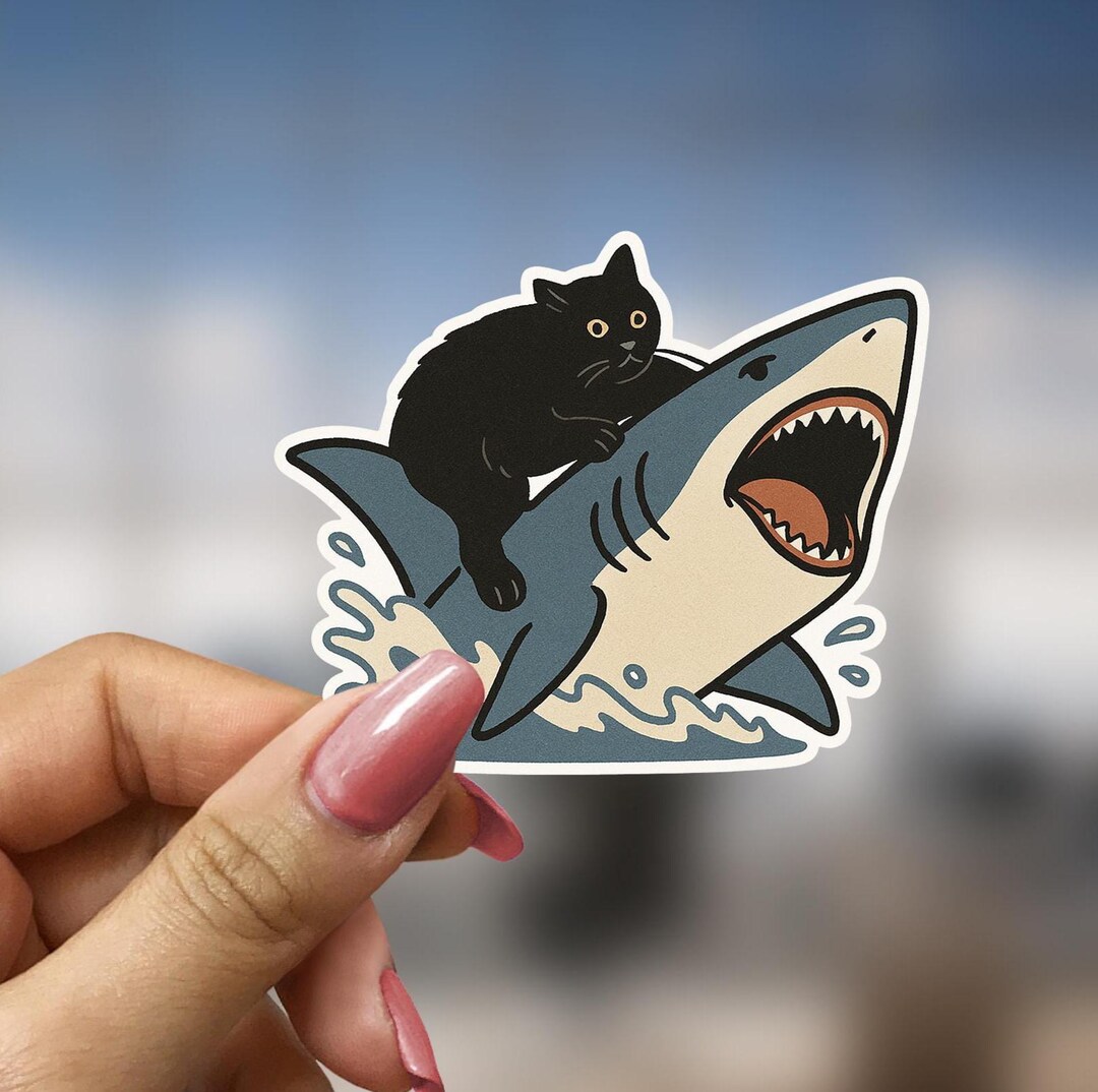Funny Cat Riding Shark Sticker Gift for Animal Lover Ocean Humor Laptop ...