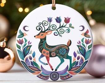 Nordic Folk Art Reindeer Ornament Colorful Scandinavian Style Holiday Gift Ceramic Tree Decor