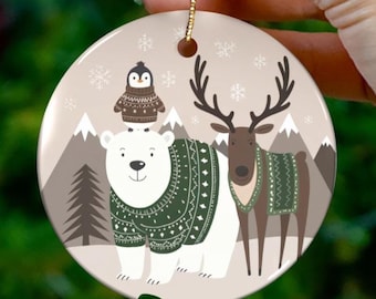 Nordic Christmas Ornament Polar Bear Reindeer Penguin in Sweaters Scandinavian Winter Forest Scene Ceramic Holiday Tree Decoration