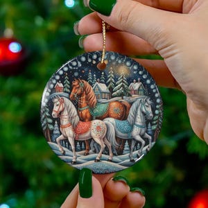 Winter Horse Ornament Christmas Gift for Equestrian Snowy Holiday Decor Nordic Horse Lover Ceramic Tree Hanging Rustic Farmhouse Style