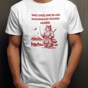 Samurai Cat T-Shirt Funny Ninja Kitty Tee Gift for Cat Lover Japanese Warrior Shirt Nine Lives One Blade Anime Style Cat Samurai Top