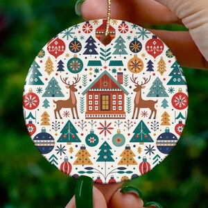 Scandinavian Christmas Ornament Nordic Cabin Tree Decor Rustic Holiday Gift Folk Art Winter Ornament Reindeer Christmas Tree Hanging