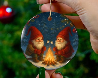 Christmas Gnome Campfire Ornament Cute Holiday Gnome Decoration, Marshmallow Roasting Winter Ornament, Scandinavian Christmas Tree Decor