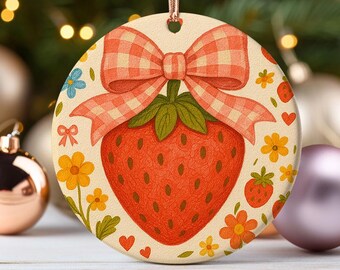 Strawberry Gingham Bow Ornament for Cottagecore Lovers Cute Fruit Decor Kawaii Kitchen Gift Retro Farmhouse Strawberry Aesthetic
