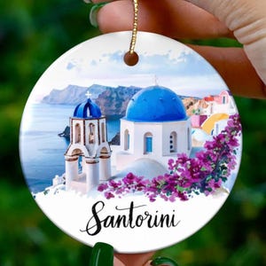 Santorini Ornament Gift for Greek Lover, Blue Dome Greece Christmas Decoration, Mediterranean Island Holiday Bauble, Travel Keepsake Gift