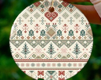 Nordic Christmas Ornament Rustic Holiday Gift for Mom Dad Scandinavian Ceramic Tree Decor Vintage Folk Art Pattern Keepsake