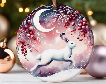 Scandinavian Winter Rabbit Ornament Nordic Folk Art Moonlit Scene with Berries Magical Woodland Animal Christmas Tree Gift