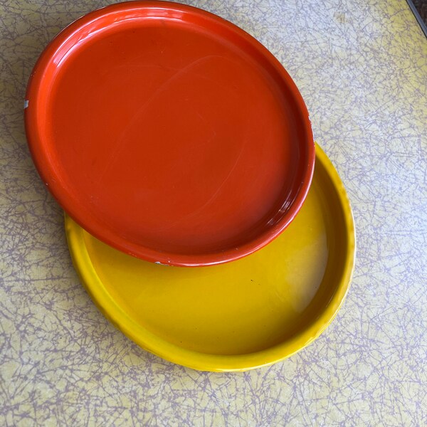 Set of 2 Vintage Enamel Plates Orange and Yellow Retro