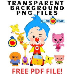 Può includere: Un'illustrazione colorata con un personaggio dei cartoni animati con un naso rosso e una parrucca blu, circondato da vari personaggi di animali, tra cui una giraffa, un gatto, un maiale e un uccello. Il testo "TRANSPARENT BACKGROUND PNG FILES" e "FREE PDF FILE!" è visualizzato nella parte superiore e inferiore dell'immagine, rispettivamente. Il logo "plim plim" è anche visibile nell'angolo in alto a destra.