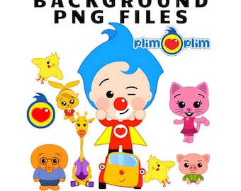 May include: A colorful illustration featuring a cartoon character with a red nose and a blue wig, surrounded by various animal characters, including a giraffe, a cat, a pig, and a bird. The text "TRANSPARENT BACKGROUND PNG FILES" and "FREE PDF FILE!" is displayed at the top and bottom of the image, respectively. The logo "plim plim" is also visible in the upper right corner.