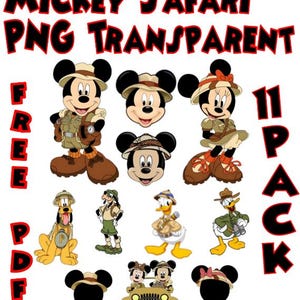May include: A collection of Mickey Mouse and friends in safari attire. The image includes Mickey, Minnie, Donald, Goofy, and Pluto, along with text that reads "Mickey Safari PNG Transparent" and "11 Pack".