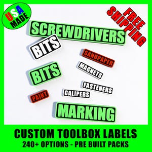 May include: A collection of custom toolbox labels with various tool names in bold white text on colored backgrounds. Labels include "SCREWDRIVERS", "BITS", "PAINT", "SANDPAPER", "MAGNETS", "FASTENERS", "CALIPERS", and "MARKING". The image also includes "USA MADE" and "FREE SHIPPING" graphics.