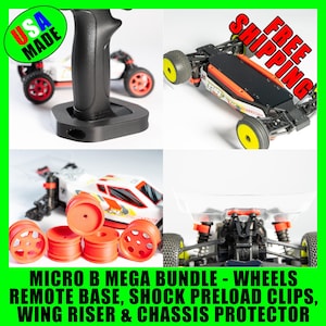 May include: A collage of RC car parts, including a remote control, wheels, and chassis components. The image features a white and orange RC car with red and yellow accents. Text in the image reads "USA MADE" and "MICRO B MEGA BUNDLE".