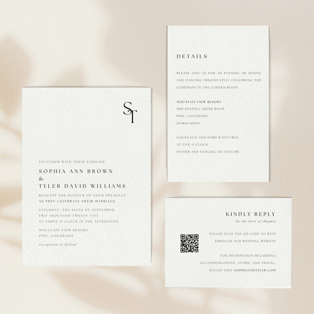 Printable Wedding Invitation Template Bundle QR Code, Minimal ...