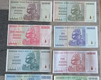 Juego de 10 unidades de billetes de 1 millón ~ 50 mil millones de dólares de Zimbabwe 2008