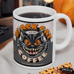 Retro Black Cat Mug | Halloween Black Cat Mug | Unique Black Cat Gift. Vintage Style Black Cat Perfect for Halloween & Cat Lovers!