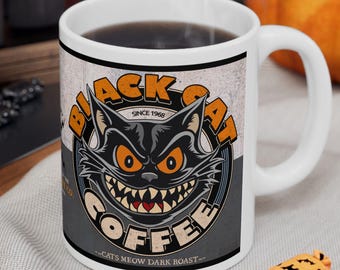 Retro Black Cat Mug | Halloween Black Cat Mug | Unique Black Cat Gift. Vintage Style Black Cat Perfect for Halloween & Cat Lovers!