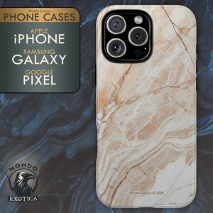 May include: A phone case with a marble design in shades of beige and brown. The case is shown on a phone with multiple camera lenses. The image also displays the text "PHONE CASES" and the brands "APPLE IPHONE", "SAMSUNG GALAXY", and "GOOGLE PIXEL".