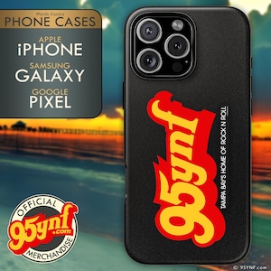May include: Black phone case with a yellow and red graphic of the text "95ynf" and the words "Tampa Bay's Home of Rock N Roll".