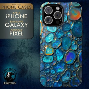May include: A phone case with a blue and gold abstract design featuring a pattern of iridescent, round shapes. The case is compatible with Apple iPhone, Samsung Galaxy, and Google Pixel phones.