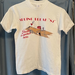 May include: White t-shirt with a red and black graphic print of a person lying on a beach with a can of beer and the text "Spring Break '87" and "Schlitz is spoken here."