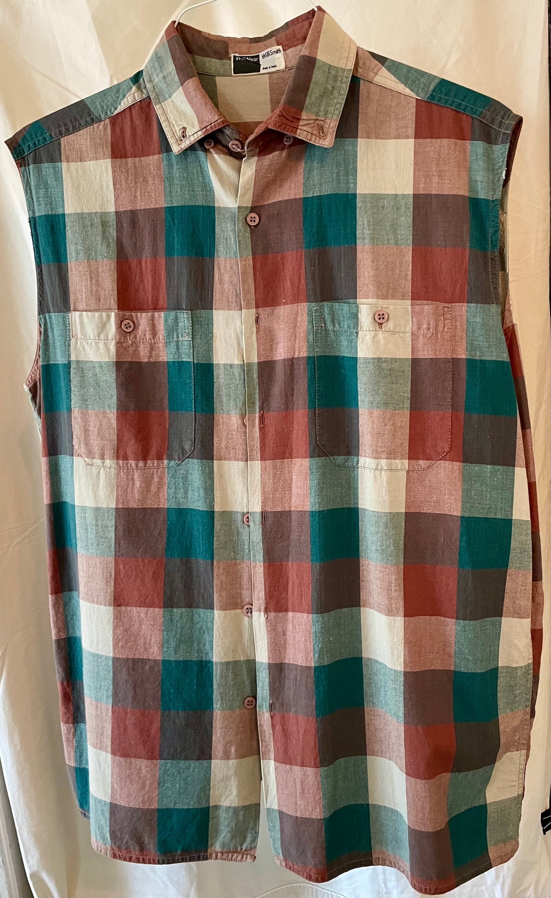 Vintage 80s Mens Willi Smith Williwear Sleeveless Button Front Plaid Casual Shirt